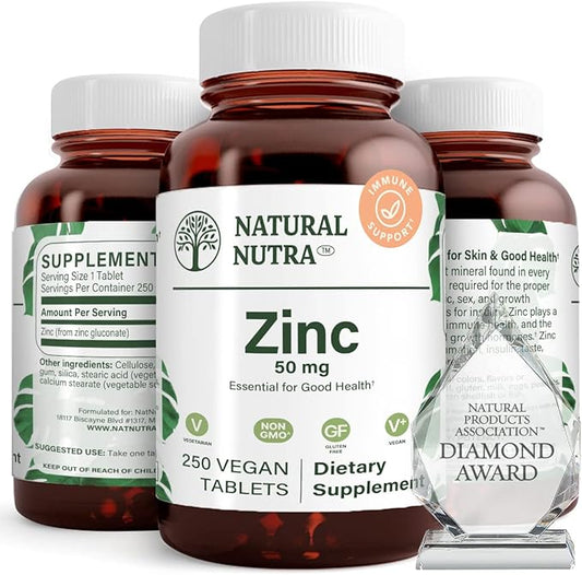 Natural Nutra Zinc Gluconate 50mg Supplement for Immune Support, Promotes Skin Health, Enhance Taste & Smell, Provides Ease from Cold & Flu, Boost Learning & Memory, Gluten Free 50mg 250 Vegan Tablets