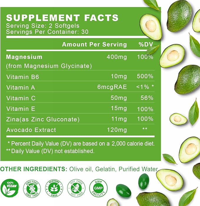 High Absorption Magnesium Glycinate Softgels, Magnesium Supplements 400mg with Zinc, Vitamin E, B6 for Women Men, Improve Sleep, Muscle Relaxation & Bone Health, Gluten-Free, Non-GMO, 2 Pack