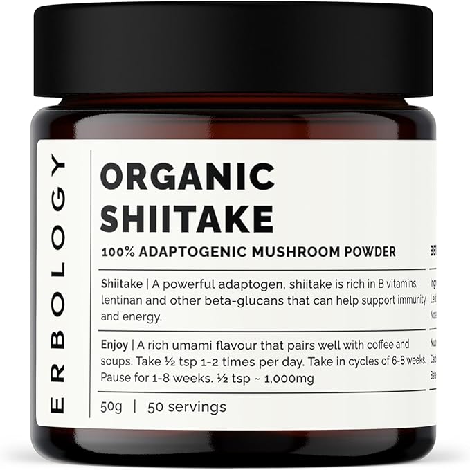 Erbology Organic Shiitake Mushroom Powder 50 Servings - 11% Beta-glucans - Immunity and Energy - Lentinula edodes - Small Batch - Sustainably Grown in Europe - Vegan - Non-GMO - No Added Fillers