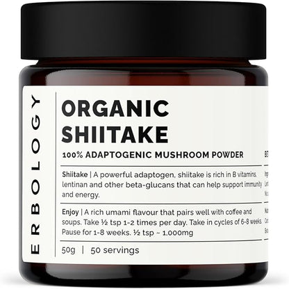 Erbology Organic Shiitake Mushroom Powder 50 Servings - 11% Beta-glucans - Immunity and Energy - Lentinula edodes - Small Batch - Sustainably Grown in Europe - Vegan - Non-GMO - No Added Fillers