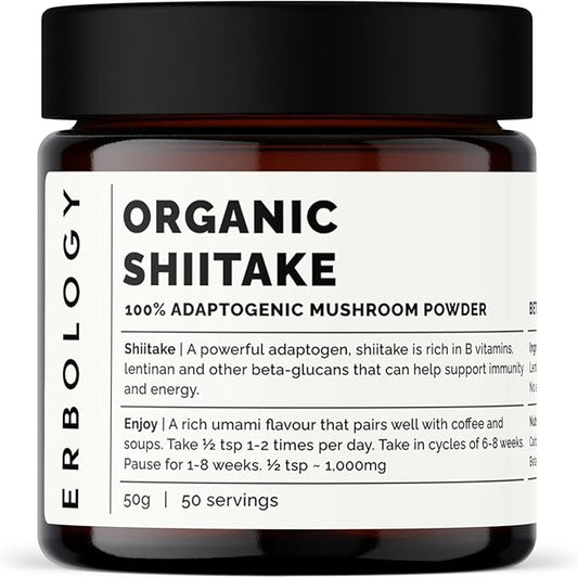 Erbology Organic Shiitake Mushroom Powder 50 Servings - 11% Beta-glucans - Immunity and Energy - Lentinula edodes - Small Batch - Sustainably Grown in Europe - Vegan - Non-GMO - No Added Fillers