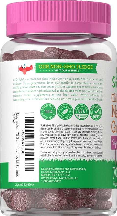 Lil' Sprouts Children's Magnesium Gummies | 70 Count | Mixed Berry Flavor | Sugar Free | Vegan, Non-GMO & Gluten Free