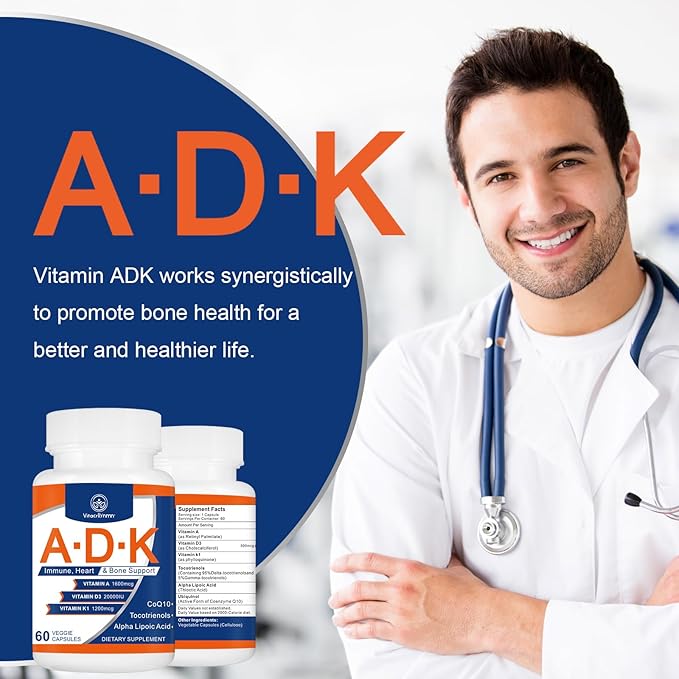 ADK Vitamin Supplement 20000 IU - High Potency Vitamins A, D3 and K1 for Heart, Bone Health and Immune Support Vitamin ADK 60 Capsules