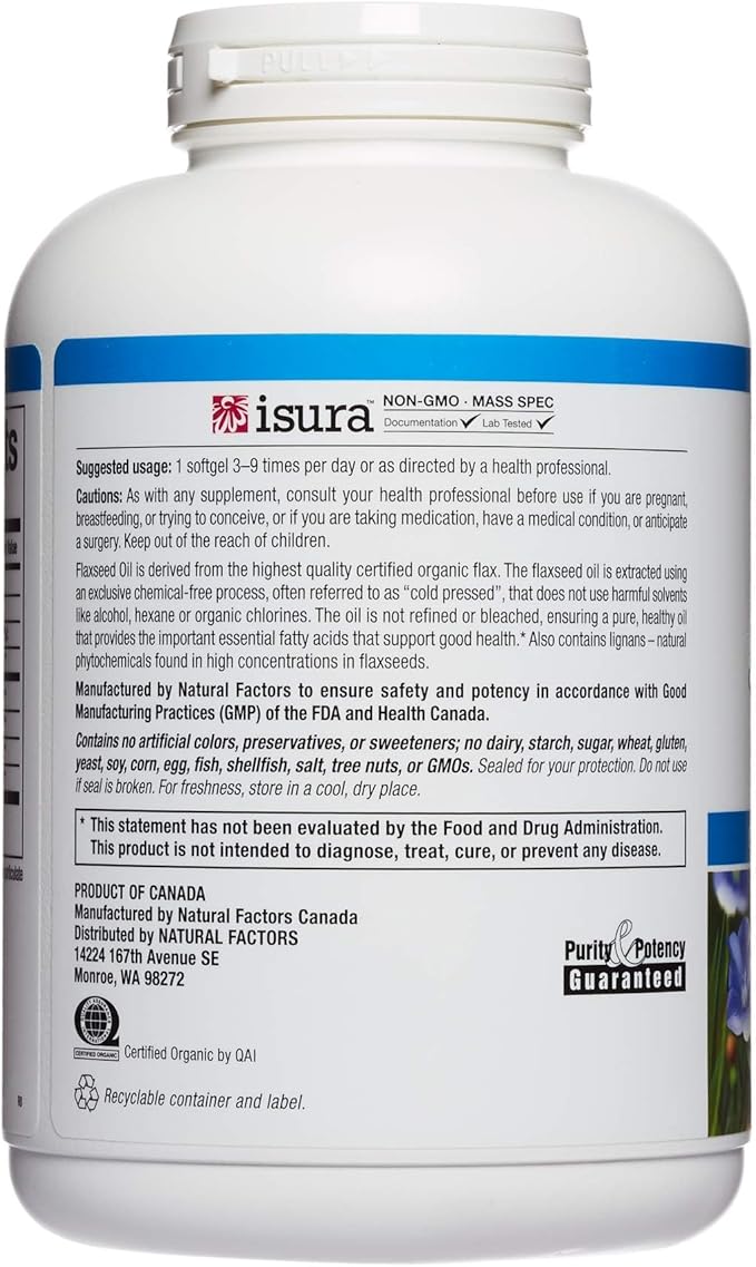 Omega Factors by Natural Factors, Flaxseed Oil, Supports Overall Health with Omega-3, 6 and 9 Fatty Acids, 360 softgels (360 servings)