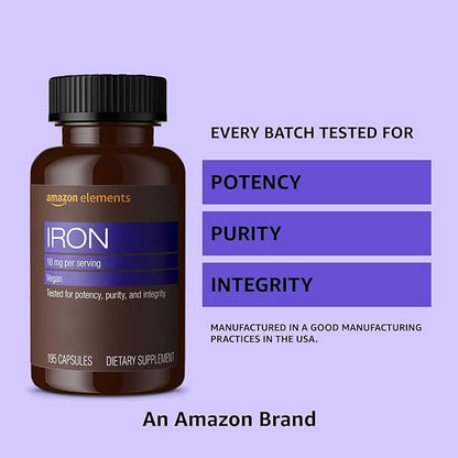 Amazon Elements Iron 18mg Capsules, Supports Red Blood Cell Production, Vegan, 195 Count, 6 Month Supply (Packaging May Vary) (Pack of 2)