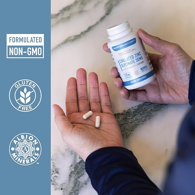 Chelated Zinc Supplements | Zinc Glycinate 30mg | Highly-Absorbable TRAACS Chelated Bisglycinate, Vitamin B6 and BioPerine | Immune Support, Acne & Energy | Non-GMO, Gluten-Free | 120 Capsules