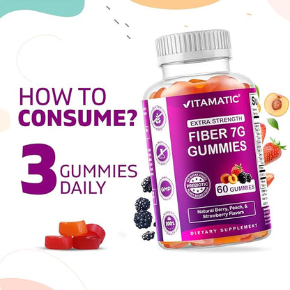 Vitamatic Prebiotic Fiber Gummies for Adults – 2 Pack (Total 120 Gummies) 7g Fiber per Serving | Extra Strength | Zero Sugar Added | Pectin-Based | Digestive Health & Regularity Support