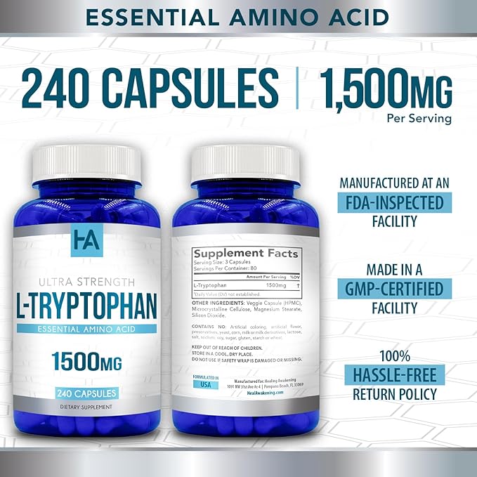 High Strength L Tryptophan Capsules | L Tryptophan Supplement for Sleep and Relaxation with 1500mg per Serving | Vegan Non-GMO Soy and Gluten Free | Made in US cGMP Labs (80 Servings)