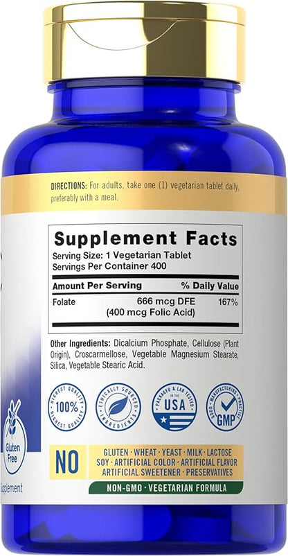 Carlyle Folic Acid 400 mcg | 400 Tablets | Vegetarian, Non-GMO, Gluten Free