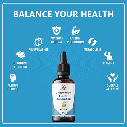 L-Methylfolate 15mg + Methyl B12 Liquid Drops – High Potency Sublingual Formula with Natural Berry Flavor – Active 5-MTHF & Bioactive B12 for Mood, Cognitive Health & Methylation Support (2oz)