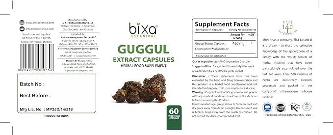 bixa BOTANICAL Ayurvedic Natural Herbal Supplement Guggul Extract, Pure Premium Quality Veg Capsules 60 Count (450mg)