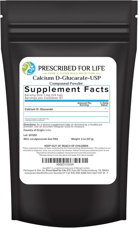 Prescribed for Life Calcium D Glucarate Powder, Pure CDG Fine Powder, USP Grade, Vegan, Gluten Free, Non GMO (2oz / 56g)