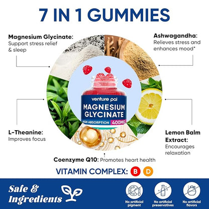 Venture Pal 60 Day Supply Magnesium Glycinate Gummies with Ashwagandha for Adults and Kids, L-Theanine, CoQ10, Sugar Free Magnesium Supplement 400mg for Calm Mood & Sleep, Gluten-Free & Vegan