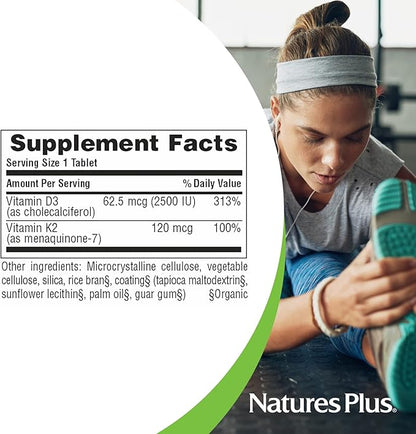 Natures Plus Vitamins D3 & K2-90 Tablets - Promotes Bone Support, Immune Function, Cardiovascular Health & Mood Balance - Vegetarian, Gluten Free - 90 Servings