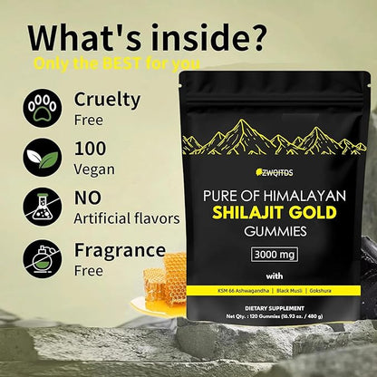 Shilajit Gummies with Ashwagandha & Turmeric - The Ultimate Organic, Vegan-Friendly Health Boost! Zero Sugar, Immunity Support for Men & Women - 120 Count! (Bag Pack)