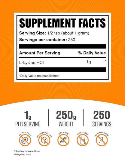 BulkSupplements.com L-Lysine HCl Powder - Immune Support Formula - Lysine Powder for Cats - Lysine Supplement - L Lysine - L Lysine Powder (250 Grams - 8.8 oz)