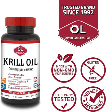 Olympian Labs Antarctic Krill Oil, 1000mg Caps with Astaxanthin, Omega-3, EPA, DHA, Immune, Joint & Brain Support, 60 Softgels