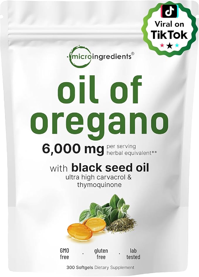 Micro Ingredients Oil of Oregano Softgels 300 Count & Moringa Oleifera 6,000mg Equivalent 300 Capsules Bundle 2 Pack | Carvacrol & Thymoquinone | Antioxidant Supplement