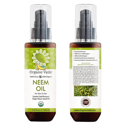Organic Veda Neem Oil - Pure, Cold Pressed & Organic Neem Oil for Skin, Hair, Face, Body, Scalp - Natural Moisturizer, Virgin Neem seed oil - Rich in Vitamin E, Fatty Acids, Antioxidants - 3.4 fl oz