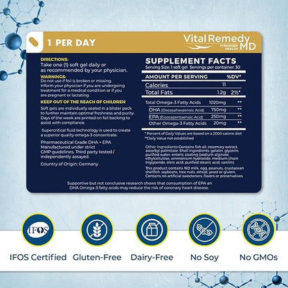 VitalOils1000 - Omega-3 Fish Oil 1200mg(750 DHA+450 EPA). IFOS 5-Star. Non-GMO & Gluten-Free. No Fishy Aftertaste. High Absorption, Brain, Heart, Prenatal Support, 30 Blister-Sealed Caps, Made in USA