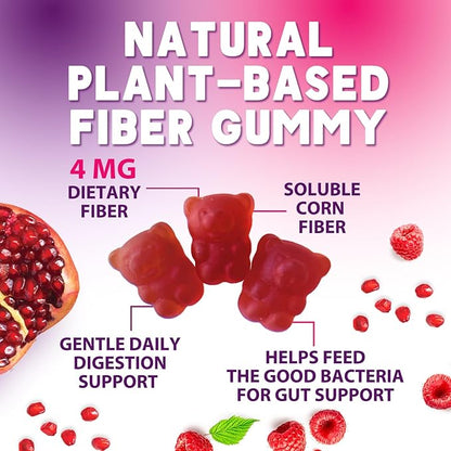 Fiber Supplement Gummies - Sugar-Free Daily Gummy for Adults Digestive Health & Regularity Support - 4g Prebiotic Plant Based Fiber Supplements Blend for Women & Men - Raspberry Flavor - 60 Gummies