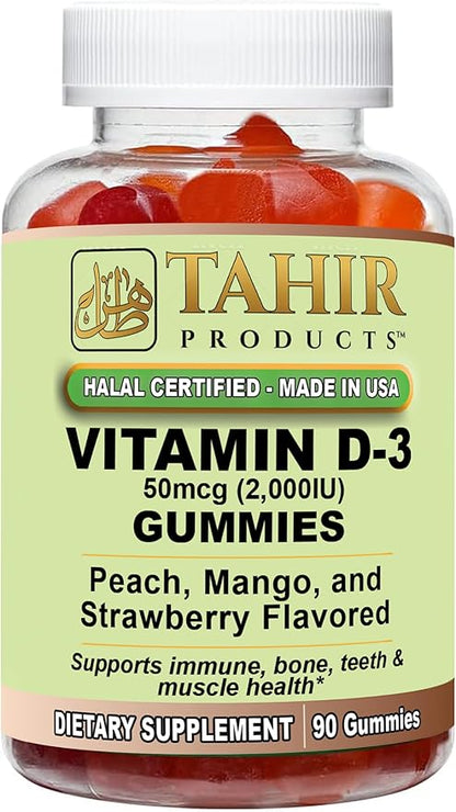 Tahir Halal Vitamin D3 2000 IU Gummies – Supports Bone & Immune Health, Promotes Muscle Function, Gluten-Free, Gelatin-Free, 90 Natural Fruit Flavor Gummies, Made in USA – Halal Certified