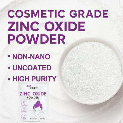 Zinc Oxide Powder | 500g(1.1 lb) 100% Pure Non Nano Uncoted Zinc Oxide Powder for Skin Protection | Cosmetics Grade Ideal for DIY Sunscreen, Lotion, Deodorant, and Skincare