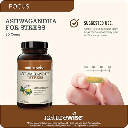 NatureWise Ashwagandha for Stress - With KSM-66 Extract, GABA, L-Theanine, Rhodiola Rosea - Herbal Mood & Sleep Support - Vegan, Non-GMO, Gluten-Free - 60 Capsules[1-Month Supply]