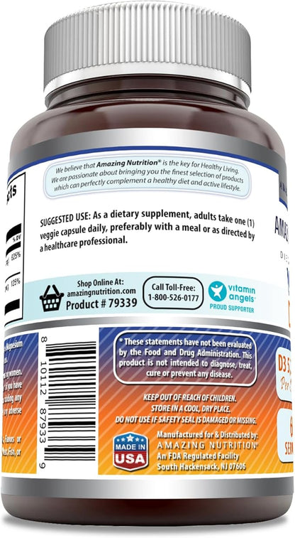 Amazing Formulas Vitamin D3 5000 IU with Vitamin K2 100 mcg | D3 + K2 Complex Supplement | Veggie Capsules | Non-GMO | Gluten Free | Made in USA (60 Count)