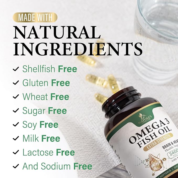 Triple Strength Omega 3 Fish Oil Supplement, EPA & DHA Fish Oil Omega 3 Essential Fatty Acids Supplement Softgels, 2400mg Brain & Heart Health Support Supplements - Gluten Free, Non-GMO, 120 Softgels