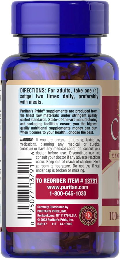 Puritan's Pride Premium Cranberry Fruit Concentrate 252mg (12,600mg Equivalent) with Vitamins C and E, Dietary Supplement for Immune System Support, 100 Rapid Release Softgels