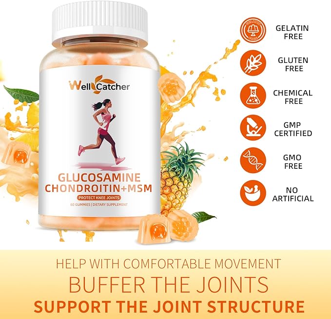 Glucosamine Chondroitin Gummies with MSM for Men Women - Sugar Free Extra Strength Joint Support Glucosamine Gummies Supplement for Adults Flexibility Back Knees Hands Pineapple Flavor (2 Packs)