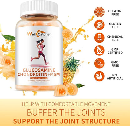 Glucosamine Chondroitin Gummies with MSM for Men Women - Sugar Free Extra Strength Joint Support Glucosamine Gummies Supplement for Adults Flexibility Back Knees Hands Pineapple Flavor (2 Packs)