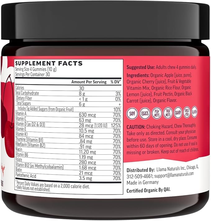 Llama Naturals Multivitamin for Women and Men, Vegan, Organic Gummies with Vitamin D, C and K, Adults Real Fruit Gummy Vitamins, Chewable Multivitamin Supplement, No Added Sugar Cane, Cherry, 120 Ct