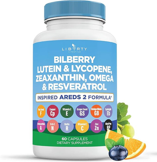 Eye Health Vitamins with Bilberry Lutein & Zeaxanthin, Lycopene, Resveratrol, Grape Seed Extract, Flaxseed Astaxanthin- AREDS 2 - Eye Vitamin - 60 Capsules