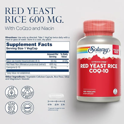 SOLARAY Red Yeast Rice with CoQ10 and Niacin (Vitamin B3) Non-Irradiated Red Yeast Rice Plus CoEnzyme Q10 - Citrinin Free - 60-Day Guarantee, Lab Verified, 100 Servings, 100 VegCaps