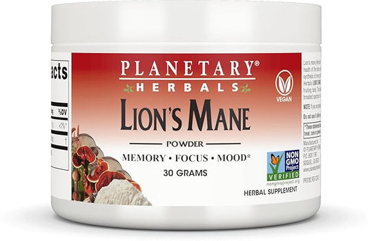 Planetary Herbals Lion Mane, Vegan Herbal Supplement, Memory, Focus and Mood* Vegan Powder - 30 Grams