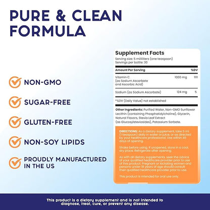 Liquid Liposomal Vitamin C 1000mg (5 Fl. Oz. 150ml) 30 Servings - Sugar-Free, Non-GMO, Gluten-Free Dietary Supplement - High Potency and Enhanced Absorption
