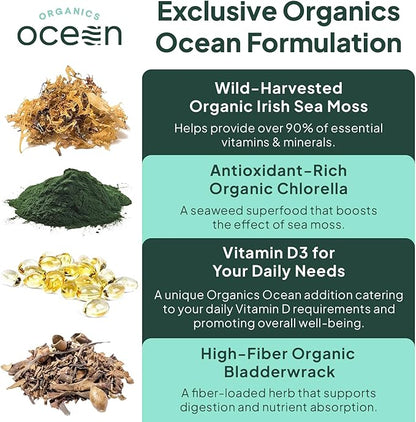 Wild Sea Moss Capsules - 100% Organic Irish Sea Moss with Organic Chlorella, Bladderwrack and Vitamin D for Energy, Lung Health and Thyroid Support for Women and Men - 60 Capsules