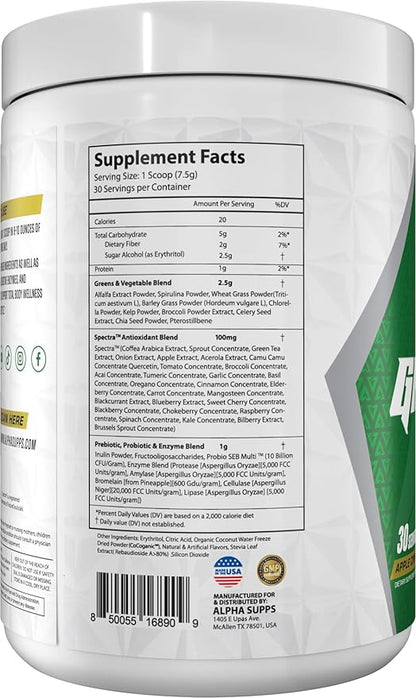 Alpha Greens Supplement | Fruit & Vegetable Superfood Powder | Over 40 Natural Plant Based Ingredients | Prebiotic & Probiotic Digestive Support Blend - 30 Servings (Apple Cinnamon)