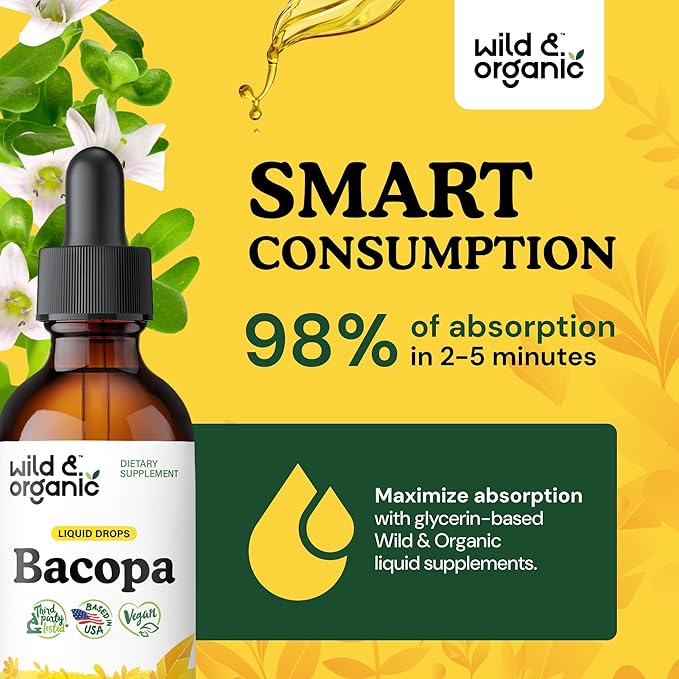 Wild & Organic Bacopa Tincture - Supports Calm, Focus, Clarity - Bacopa Monnieri Supplement Liquid - Alcohol-Free Drops with Brahmi Extract - Vegan, Sugar-Free - 2-Month Supply - 2 fl oz