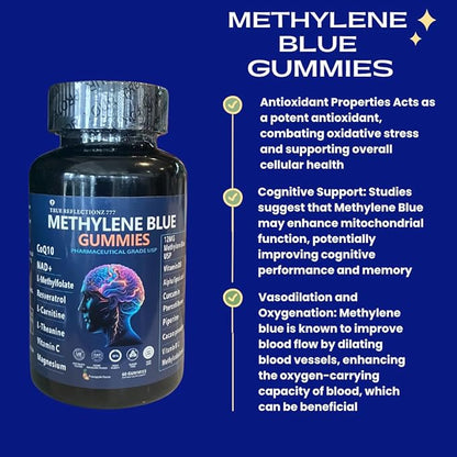 Methylene Blue gummies 12mg Methylene blue for humans with Added Vitamin C, NAD ,L Methylfolate, Methylcobalamin b12, Mitochondrial Support, Brain health & Focus, Clarity, methylated vitamins