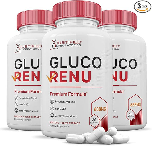 (3 Pack) Gluco Renu 688MG Glyco Support Pills Premium Formula Gluo Renew Glycogen Support Formulated Hawthrone Hibiscus Garlic Junpier Powder Olive Green Tea Extract 180 Capsules