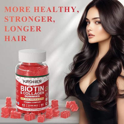 Hair Skin and Nails Gummies, 10000mcg Biotin Collagen Gummies for Women & Men, Vitamin Supplements Supports Faster Hair Growth, Stronger Nails, Healthy Skin, Strength Bone, 90 Gummies