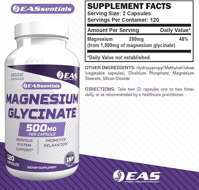 Magnesium Glycinate 500mg | Nervous System & Muscle Function | Relaxation Support | Easy to Digest | Gluten Free, Non GMO, Vegetarian | 120 Veggie Capsules