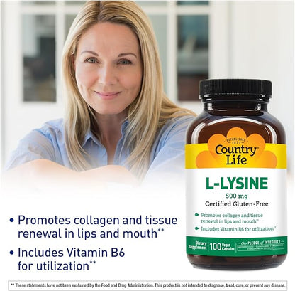Country Life L-Lysine 500mg with B-6, Supports Immune Health, Promotes Collagen Renewal in Lips and Mouth, 100 Vegan Capsules, Certified Gluten Free, Certified Vegan