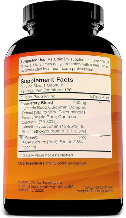 Turmeric Curcumin Supplement w/ BioPerine - 755mg Per Capsule, 120 Veggie Caps by Curcumin Incredipure