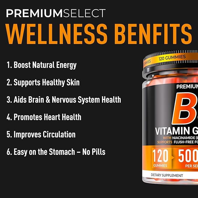 Vitamin B3 Gummies Niacinamide 500mg - 120 Gummies Supplement For Adults + Vitamins A & E – Flush Free Niacin 500mg for Skin, Energy & Metabolism – Vegan, Non-GMO, Sugar Free – 2-Month Supply