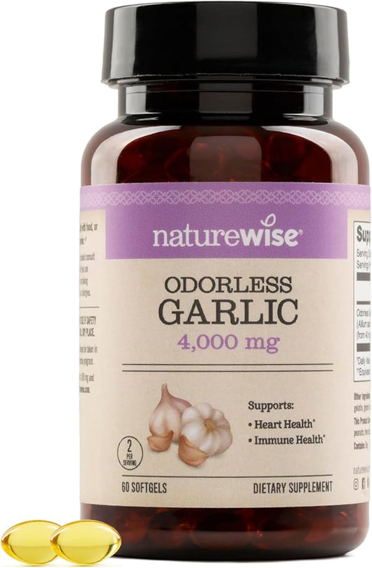 NatureWise Odorless Garlic Supplement 4000mg - Ultra Potent 100:1 Extract - Healthy Cholesterol Formula, Heart Health Support - Non-GMO, Gluten Free, with Halal Gelatin - 60 Count[30-Day Supply]