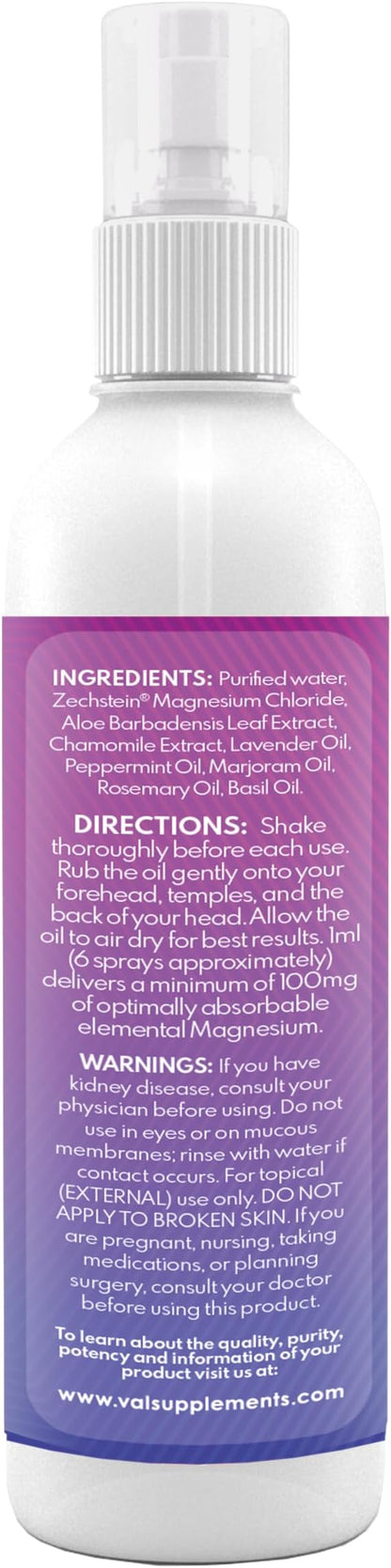 VAL Lombardi Magnesium Aromatherapy Spray with Peppermint & Essential Oils - Quick Comfort for Head Tension, Made in USA, 4 oz.